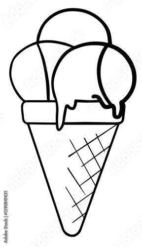 cartoon style hand-drawn icecream with 3 ice bubles and cream, shoko line art