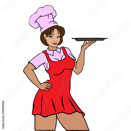 girl chef with pink hat and red tulle ranned with round breasts with high sexy legs blue-eyed kitten holds tray on hand