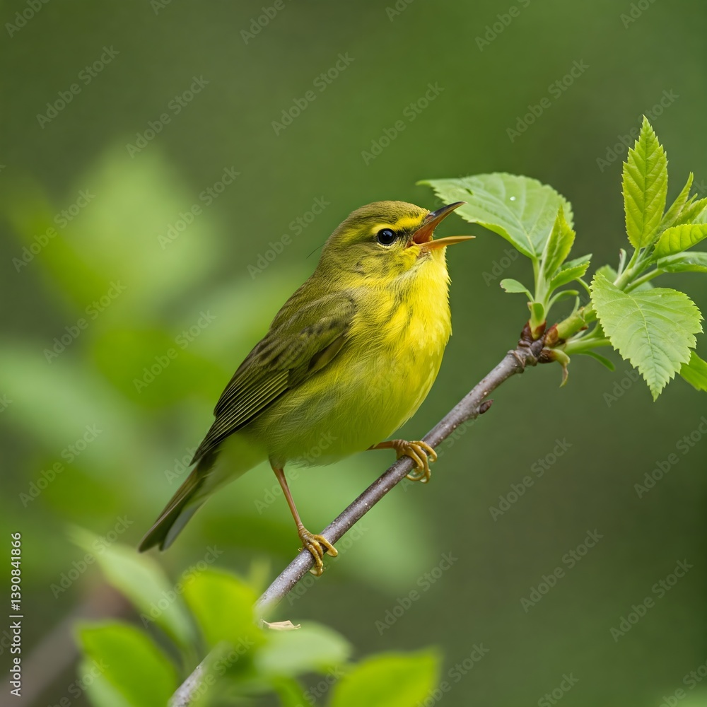 A vibrant yellow warbler perched on a branch in a spring forest A vibrant yellow warbler perched on a branch in a spring forest