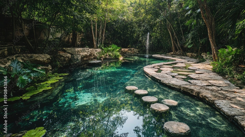 Naklejka premium Tranquil Tropical Garden Oasis with Stone Path and Clear Water Pool Surrounded by Lush Greenery and Natural Light