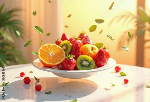 colorful fruits floating above clean table fresh vivid visuals still life vibrant arrangement fruit salad, apple, grape, melon, kiwi, berry, lemon, plum