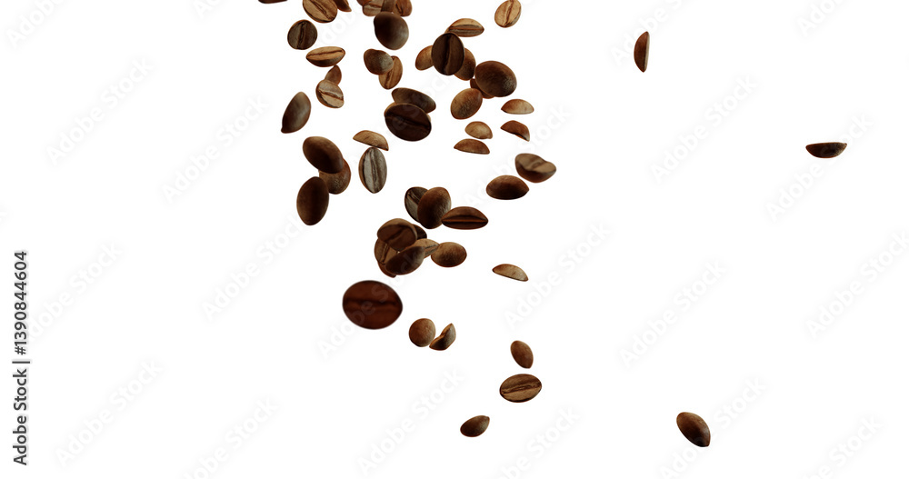 Falling coffee beans isolated on white background. Numerous brown coffee beans captured mid-air, showcasing their texture and details. High-resolution image suitable for food and beverage themes. Falling coffee beans isolated on white background. Numerous brown coffee beans captured mid-air, showcasing their texture and details. High-resolution image suitable for food and beverage themes.
