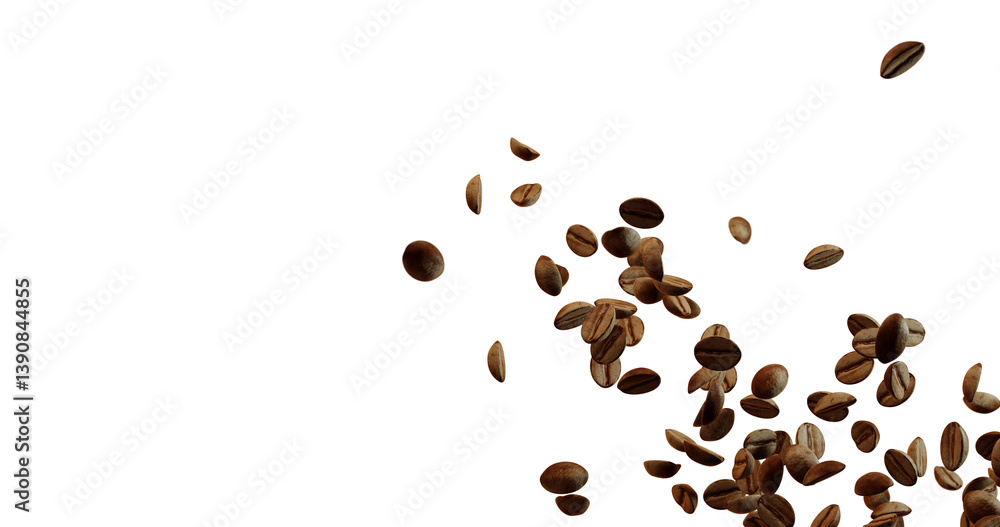Several of brown roasted coffee beans appears to be falling or floating in the lower right corner against a stark white background. Several of brown roasted coffee beans appears to be falling or floating in the lower right corner against a stark white background.