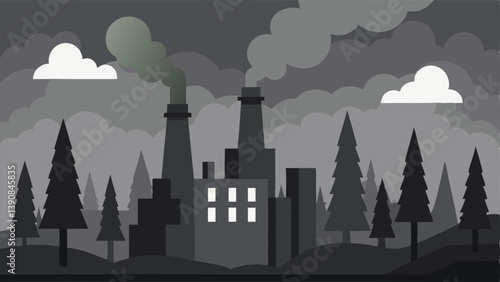 Factory Pollution An industrial factory with smoke billowing from its chimneys casting dark clouds over a oncevibrant forest scene that is now grey and barren.