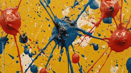Splattered red and blue paint bursts across a yellow canvas, creating dynamic abstract art