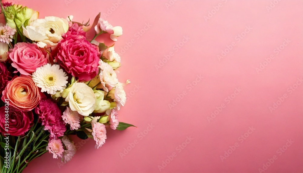 Bouquet of flowers to the side with blank space for copy on a soft pink background for mother's day Bouquet of flowers to the side with blank space for copy on a soft pink background for mother's day