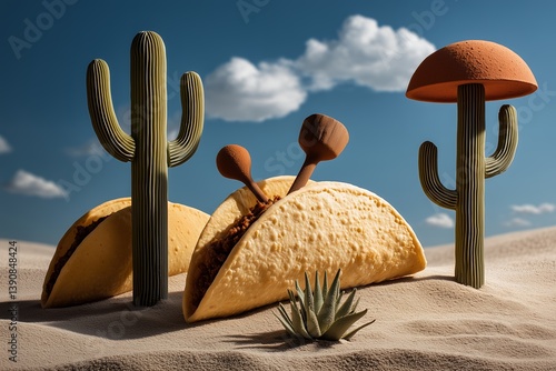 Surreal Landscape Featuring Giant Tacos and Maracas in the Desert