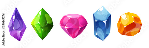 Crystals of different colors vector set. Gemstones, gem jewels and diamonds game asset