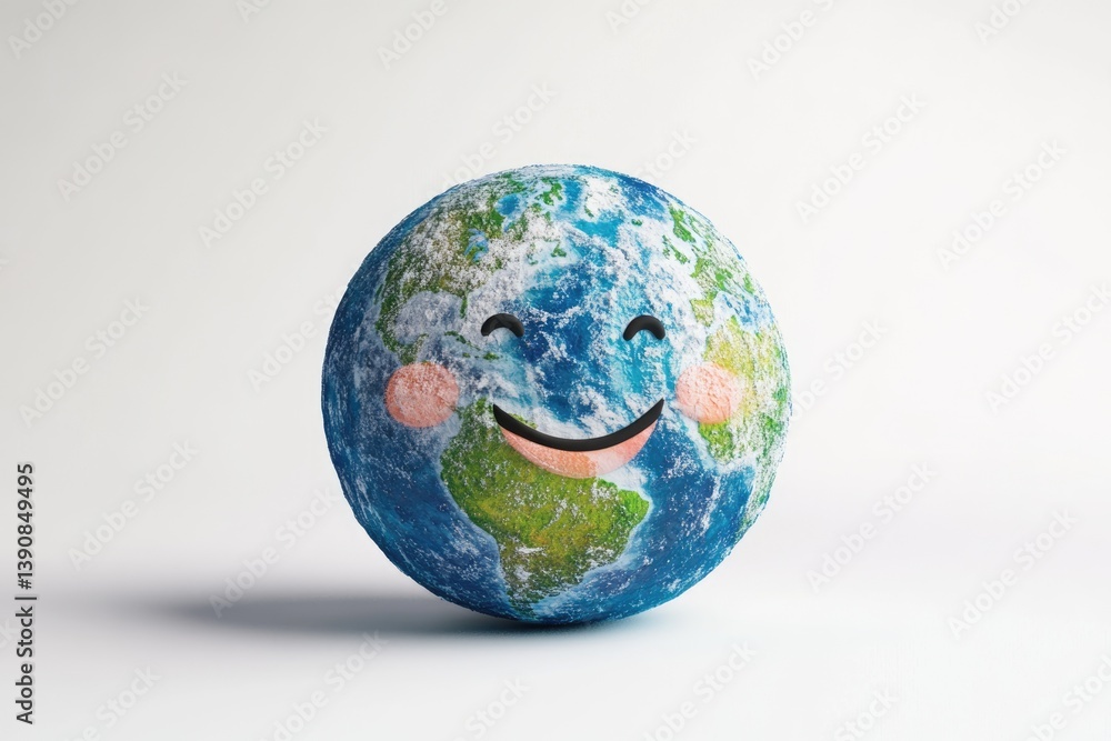 Fototapeta premium A smiling Earth globe, a happy planet concept symbolizing environmental care and global harmony.