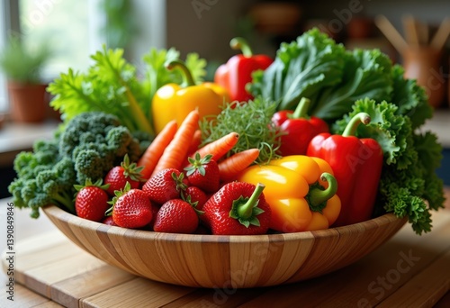 vibrant arrangement colorful fruits vegetables rustic bamboo basin healthy natural produce, basket, peppers, tomatoes, cucumbers, carrots, beets, berries
