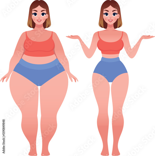Beautiful young woman before and after weight loss vector cartoon illustration