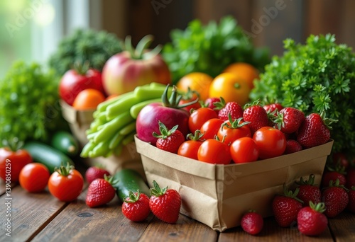 vibrant fruits vegetables eco friendly packaging fresh organic colorful healthy lifestyle, nature, field, farm, harvest, sustainable, green, assorted
