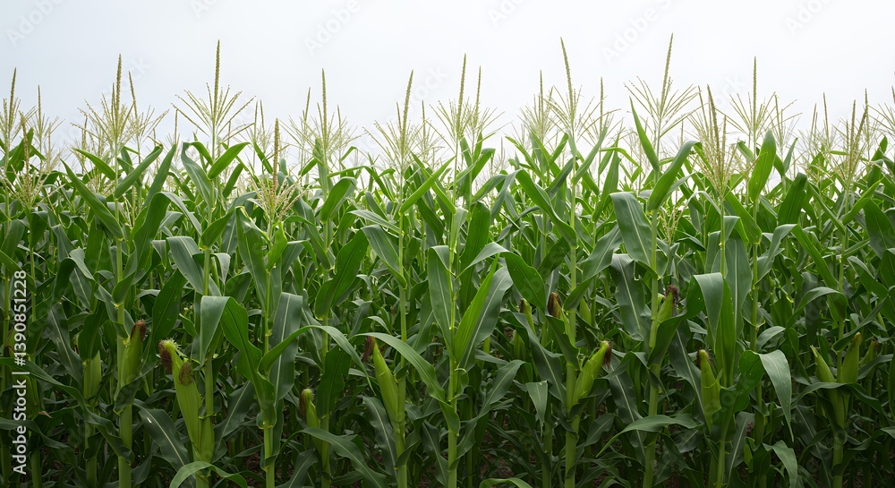 Corn Field Growing Tall with Green Stalks and Developing Ears Corn Field Growing Tall with Green Stalks and Developing Ears