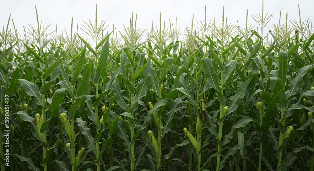 Growing corn plants in a green cornfield under overcast sky Growing corn plants in a green cornfield under overcast sky