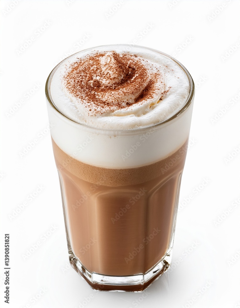 Creamy cinnamon topped iced coffee in clear glass Creamy cinnamon topped iced coffee in clear glass