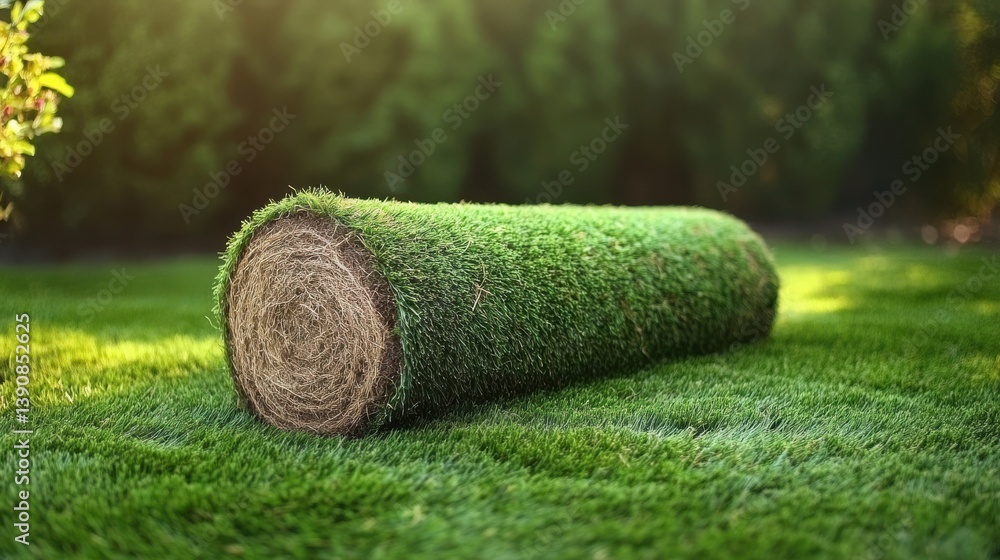 Laying sod for a lush green lawn in residential backyard