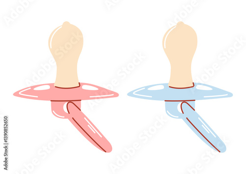Baby pacifier blue and pink for little boy and little girl. Newborn accessories, toddler supplies and infant essential items. Vector flat hand drawn illustration, isolated background.