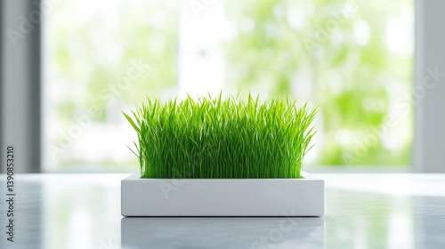 A rectangular planter with vibrant green grass on a sleek white surface, modern minimalist interior with natural light, and fresh and serene atmosphere.