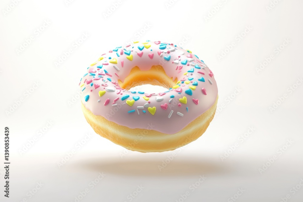 A pink donut with colorful heart sprinkles, a sweet and delicious treat.