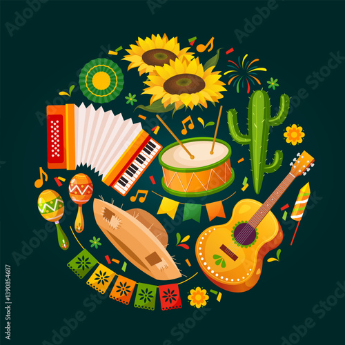 Festa Junina holiday festival includes party elements isolated on gradient dark green background.