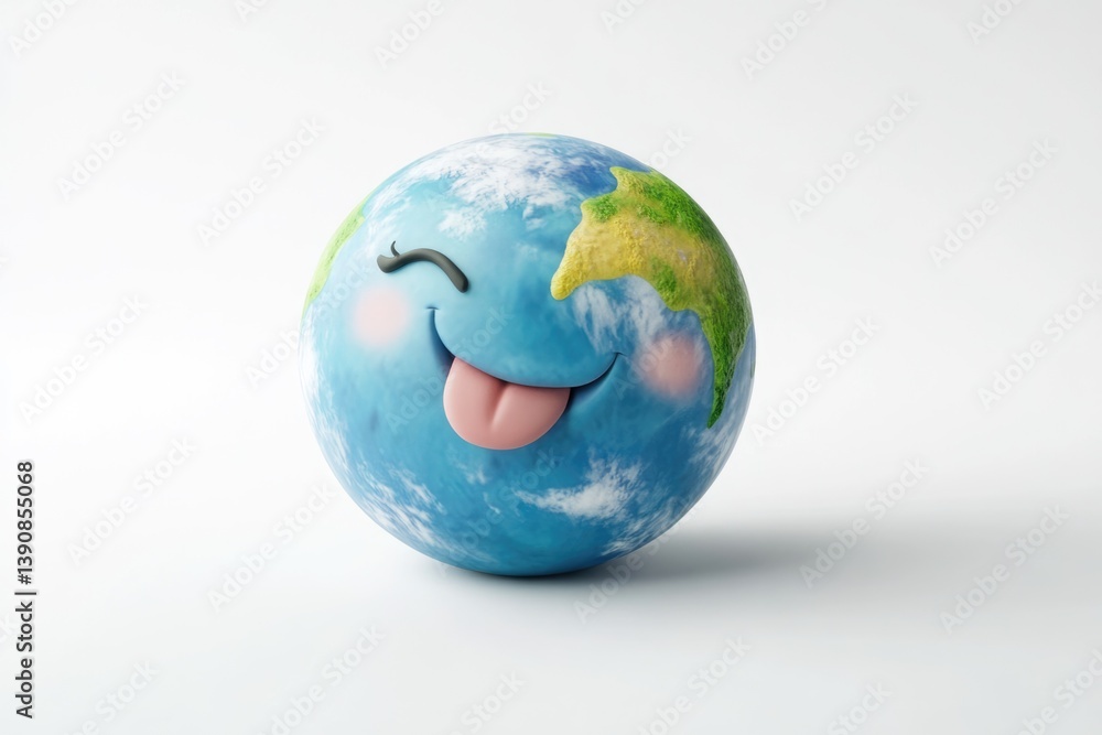 Fototapeta premium Playful Earth globe with a smiling face and tongue sticking out, representing environmental awareness.