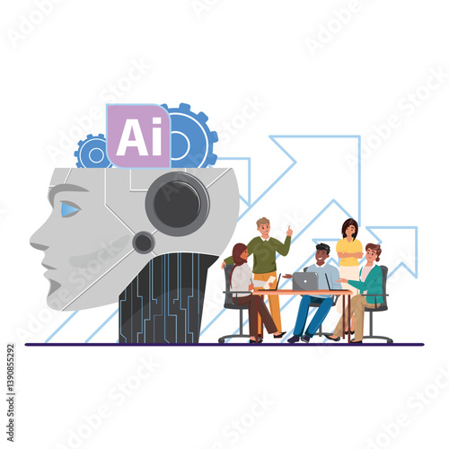 Professional team working alongside artificial intelligence, modern workplace innovation illustration