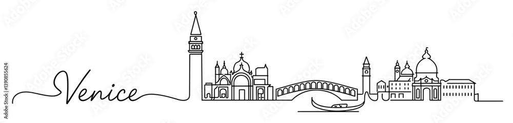 Fototapeta premium Stunning endless outline of Venice showcasing iconic architecture along the Grand Canal at dusk. Venice skyline logo.