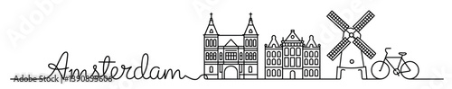 Endless line drawing showcases iconic landmarks of Amsterdam's architecture with windmill and bicycle. Amsterdam skyline logo.