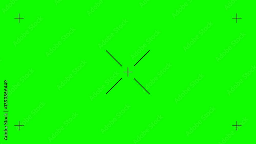 Greenscreen template. Green background with tracking black cross marks. Chromakey video technology to add visual effects or VFX in footage during movie post-production phase. Vector flat illustration. Greenscreen template. Green background with tracking black cross marks. Chromakey video technology to add visual effects or VFX in footage during movie post-production phase. Vector flat illustration.
