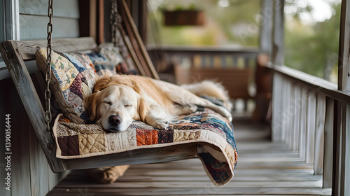 Golden retriever peacefully napping on a quilted swing, offering a moment of serene relaxation on a rustic porch. Soft light enhances the cozy scene.