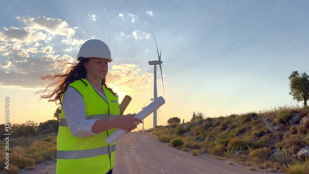 Woman engineer reviews blueprints near wind turbines at sunset Woman engineer reviews blueprints near wind turbines at sunset