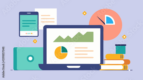 Budgeting App An animated screen showing a budgeting app with pie charts and graphs next to a laptop and a travel journal illustrating how digital nomads keep track of their