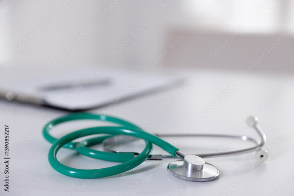 Stethoscope and paperwork on white desk in hospital, selective focus. Space for text Stethoscope and paperwork on white desk in hospital, selective focus. Space for text