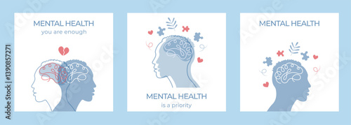 Mental Health card set.Mental health problems and emotional burnout.Split personality. Concept of psychotherapy.Vector illustration.