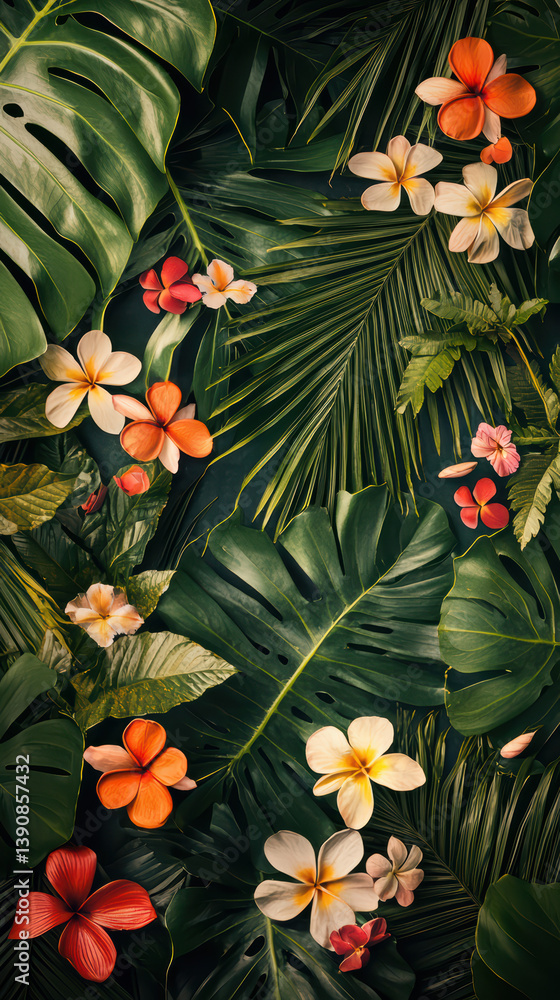 Fototapeta premium Tropical Paradise: A vibrant tapestry of tropical flora unfolds, where lush green leaves intertwine with a symphony of colorful blooms.