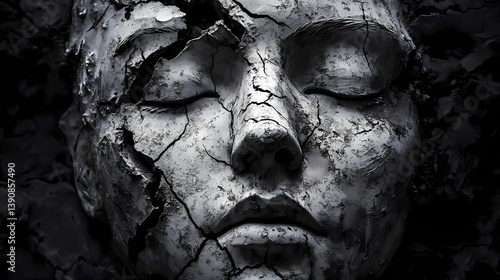 A cracked, expressionless face sculpture with hollowed eyes, evoking themes of loss, decay, and haunting beauty in monochrome tones. Hollow Silence. Illustration