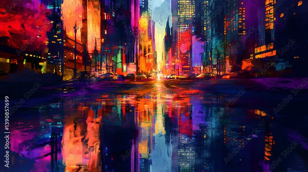 Naklejka premium Cityscape buildings at night reflected in water with colorful lights and dark sky.