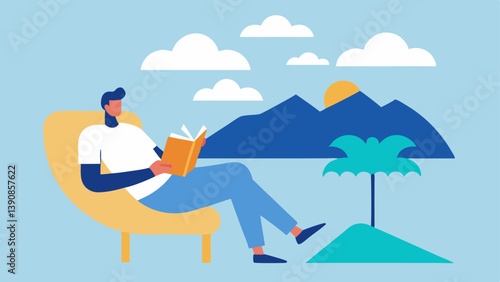 Guided Imagery A figure relaxing in a chair with a book titled Guided Imagery. Around them there are soft clouds and visuals depicting a peaceful beach or mountains to illustrate