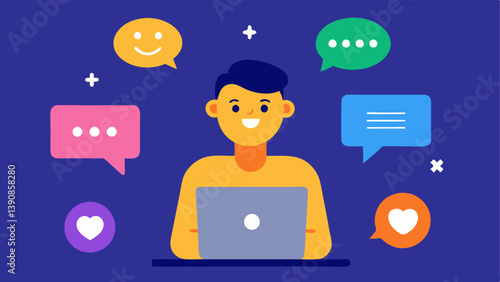 Audience Interaction A graphic depicting a person reading comments and messages on their screen with vibrant emojis and reaction icons around them.