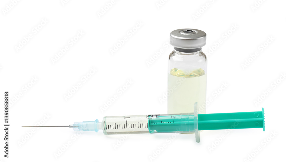 Hepatitis vaccine in glass vial and syringe isolated on white