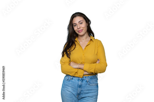 Quadro su tela Studio portrait of a smiling young latin businesswoman exuding confidence with c