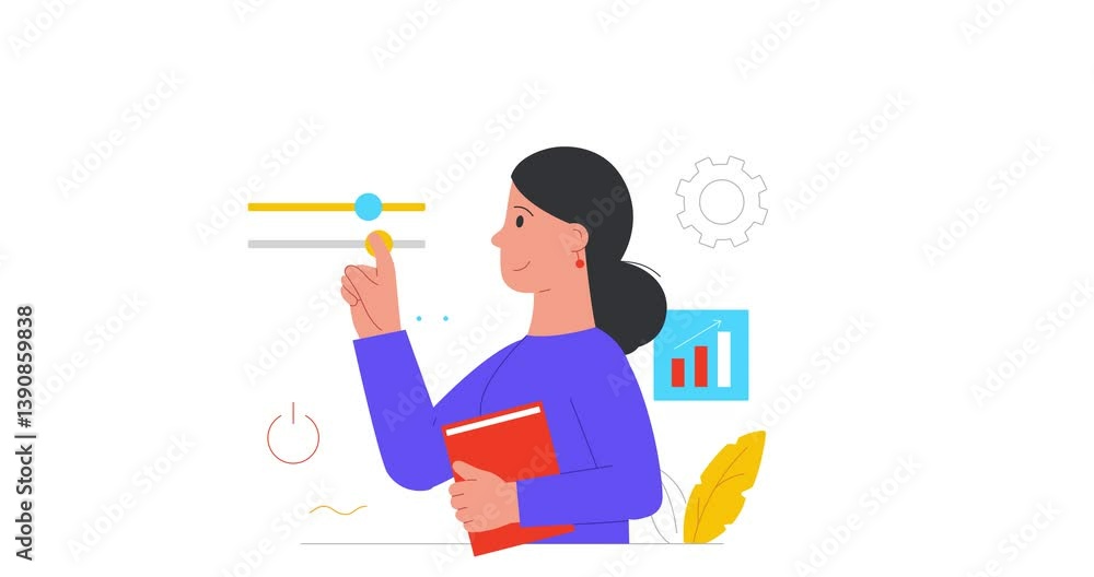 Workflow optimization. Moving banner with female entrepreneur or employee interacting with business statistics to achieve success. Planning and managing work processes. Flat outline animated graphics Workflow optimization. Moving banner with female entrepreneur or employee interacting with business statistics to achieve success. Planning and managing work processes. Flat outline animated graphics