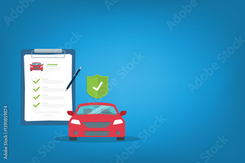 Car insurance document, report. Paper agreement checklist or loan checkmarks form list approved with automobile icon, vehicle financial, car dealership legal deal.