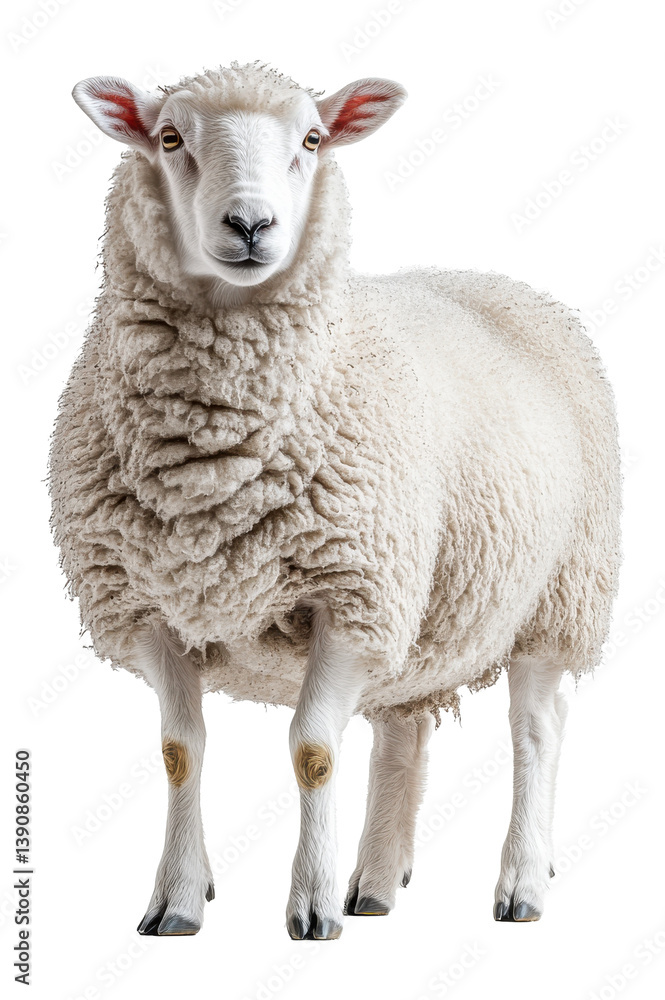 Fluffy sheep standing calmly with its woolly fleece on bright white background Generative AI Fluffy sheep standing calmly with its woolly fleece on bright white background Generative AI
