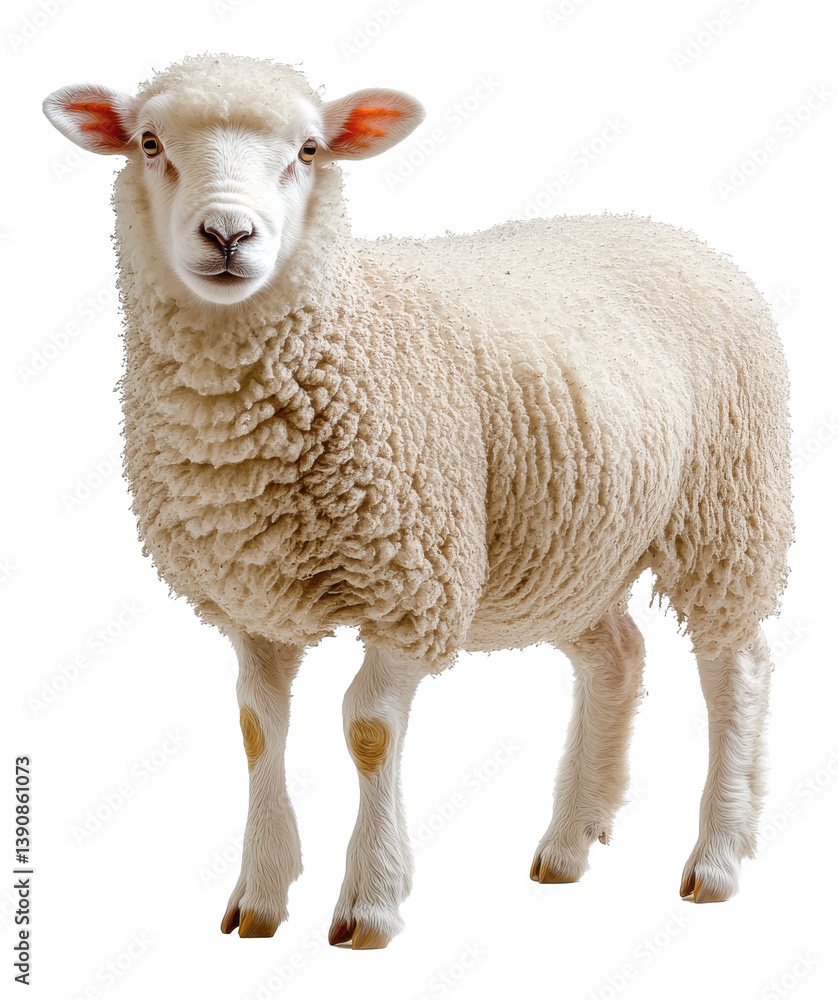 Obraz premium Fluffy white sheep standing calmly on a transparent background with a sense of tranquility and softness Generative AI
