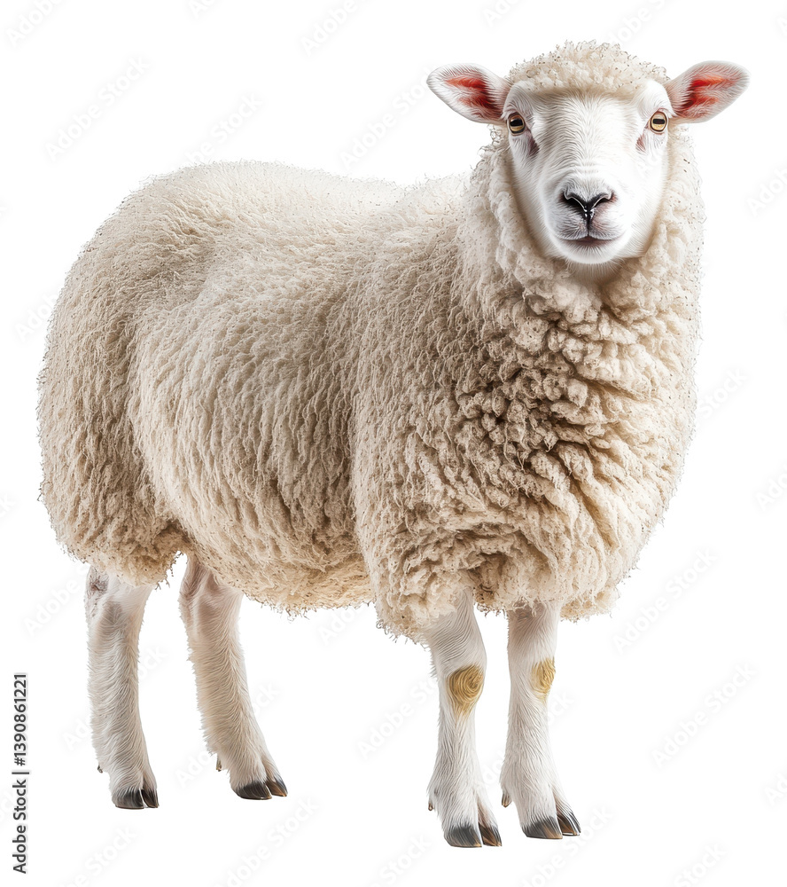Fototapeta premium Sheep standing on a white background with fluffy wool and a calm expression Generative AI