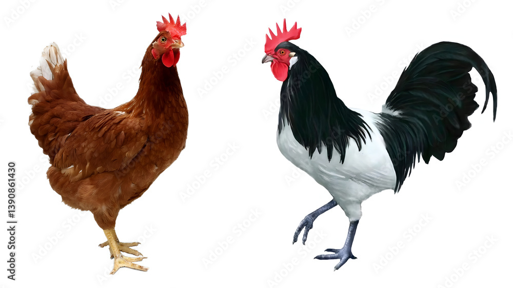 Fototapeta premium Three Diverse Chicken Breeds on White Background