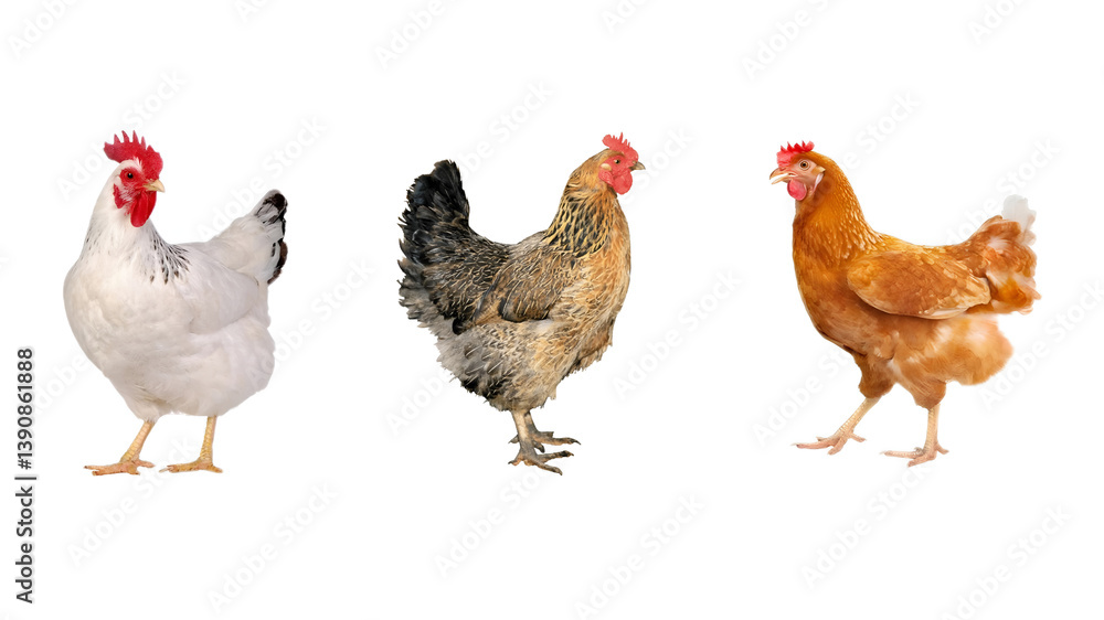 Fototapeta premium Three Diverse Chicken Breeds on White Background