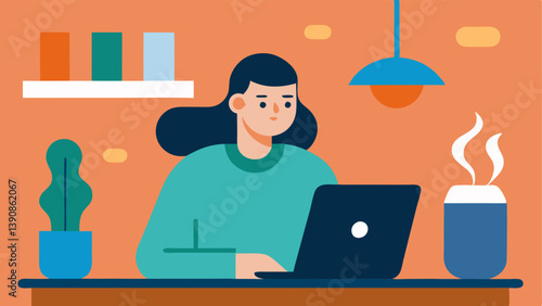Coffee Shop Coding A freelancer working on a laptop in a cozy coffee shop with a steaming cup of coffee beside them and other customers in the background.