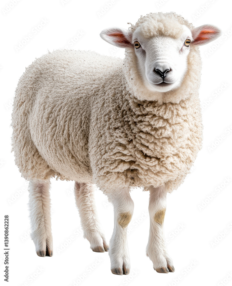 Fototapeta premium Fluffy sheep standing on a transparent background, showcasing its soft wool and expressive features Generative AI